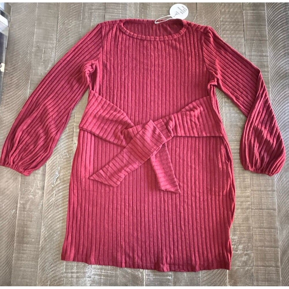 Anrabess Womens Ribbed Knit Dress Balloon Sleeves Waist Tie Pockets Wine Size XL